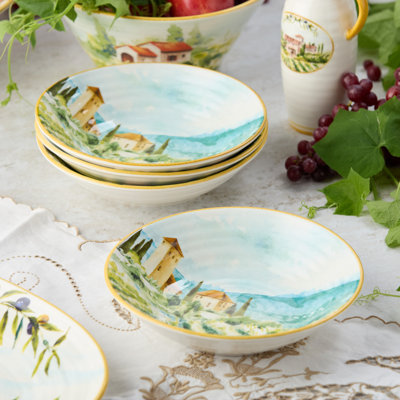 Ensemble de bols à pâtes en grès 4 pièces Tuscany - Design rustique d'inspiration italienne avec scène de vignoble imprimée - Parfait pour les pâtes, les salades, les soupes et les dîners de semaine douillets
