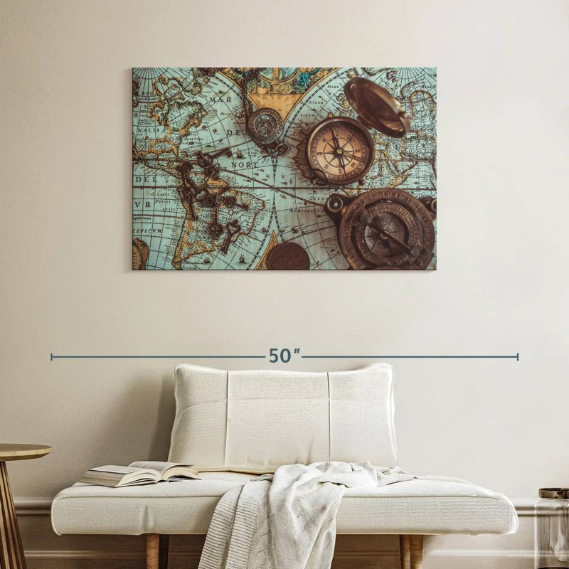 Carte de pirate antique sur toile, H 26 po x l 39 po x P 1,25 po