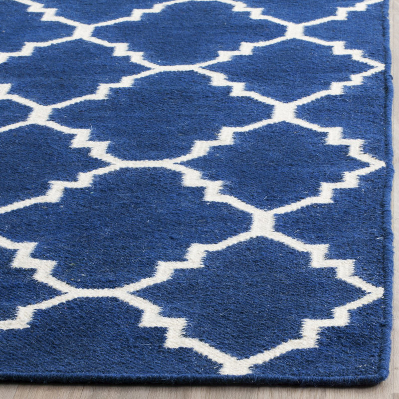 Stahl Hand Woven Flat Weave Wool/Cotton Geometric Rug in Blue/White, Rectangle 6' x 9'