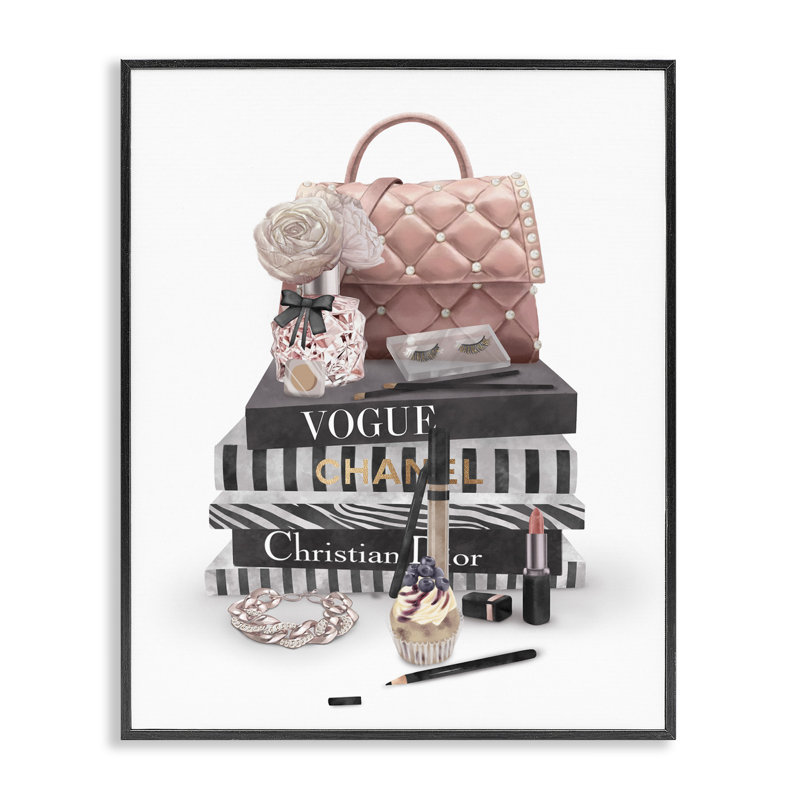 «Fashion Bookstack Purse Perfume Pink Glam Design» par Ziwei Li - impression, H 30 po x l 24 po, Giclée encadrée noir minuit