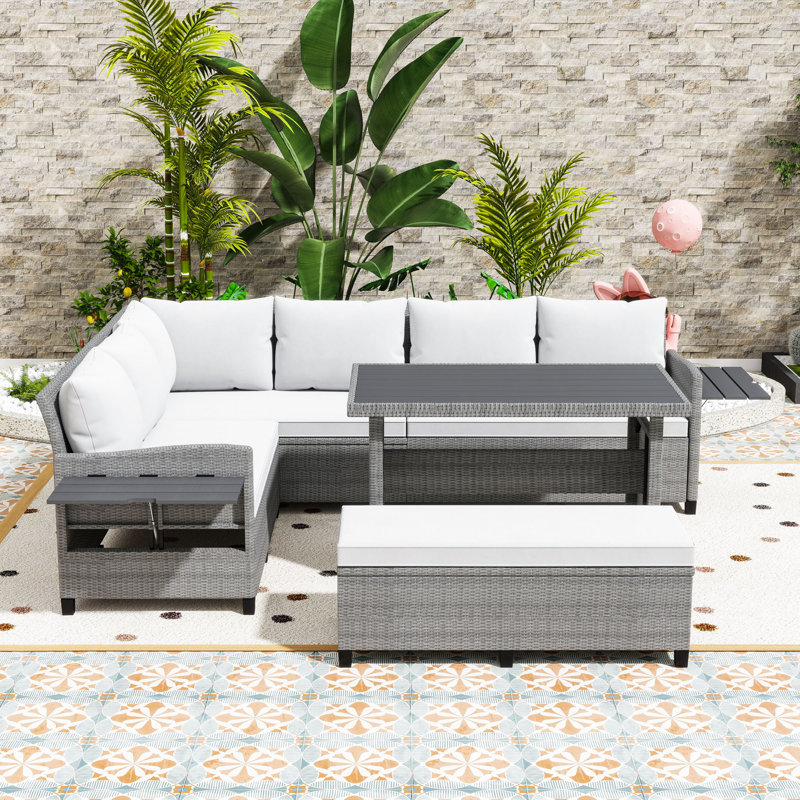 5-Piece PE Wicker Outdoor Conversation Set with Extendable Side Tables and Comfortable Cushions, White/Light Gray