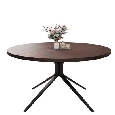 47” Solid Wood Round Dining Table, Farmhouse Wooden Kitchen Table for 4 - 6 Person, Circle Coffee Table with Steel Legs, Mid Century Table for Kitchen, Dining Room, Dark Walnut