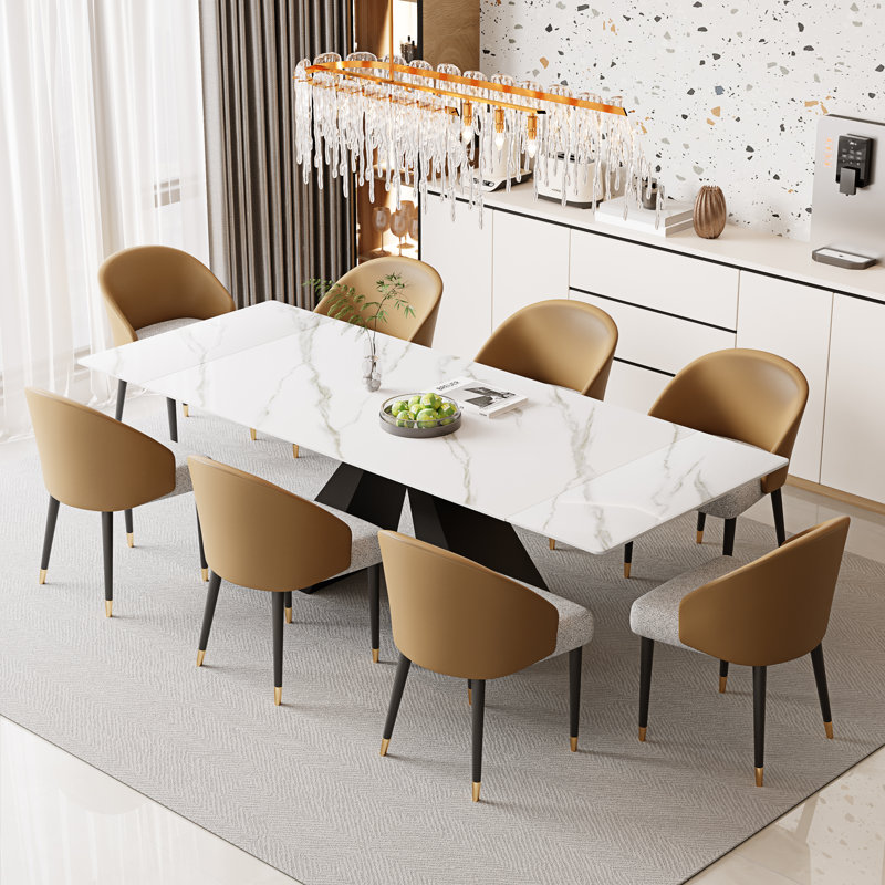 94.5”  Extendable Dining Table Set With Rectangular Sintered Stone Top And 8 Faux Leather Chairs, Brown/Gray