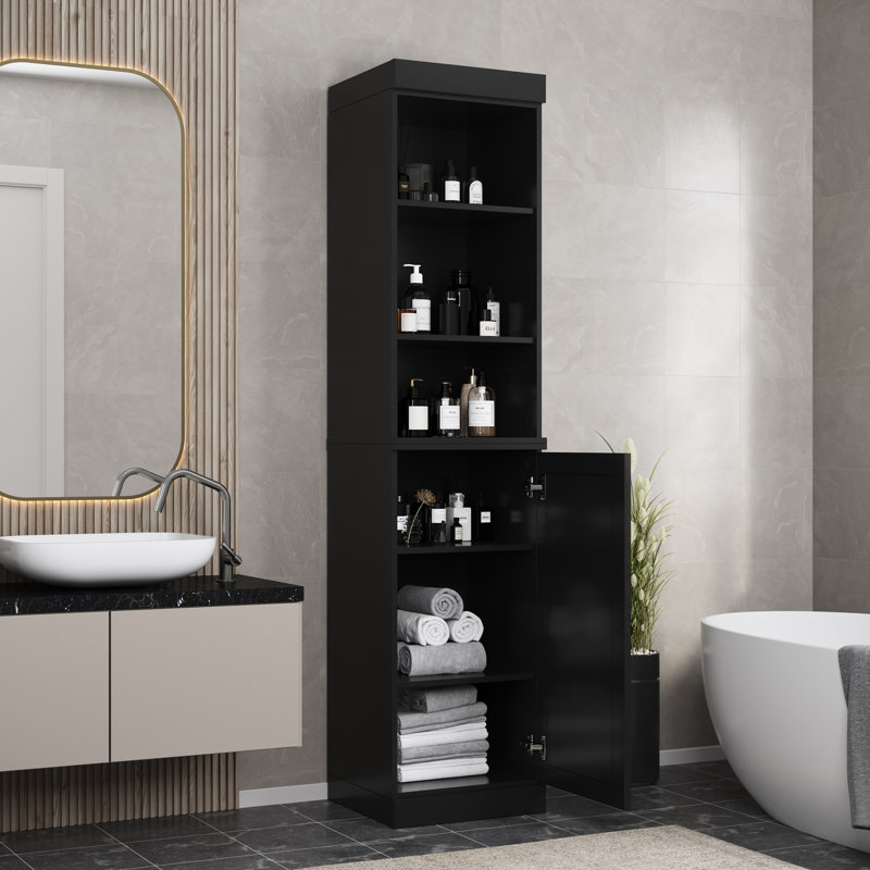 Armoire de rangement de salle de bain 100% bois massif 16,5 po avec portes solides et tablettes réglables, Noir