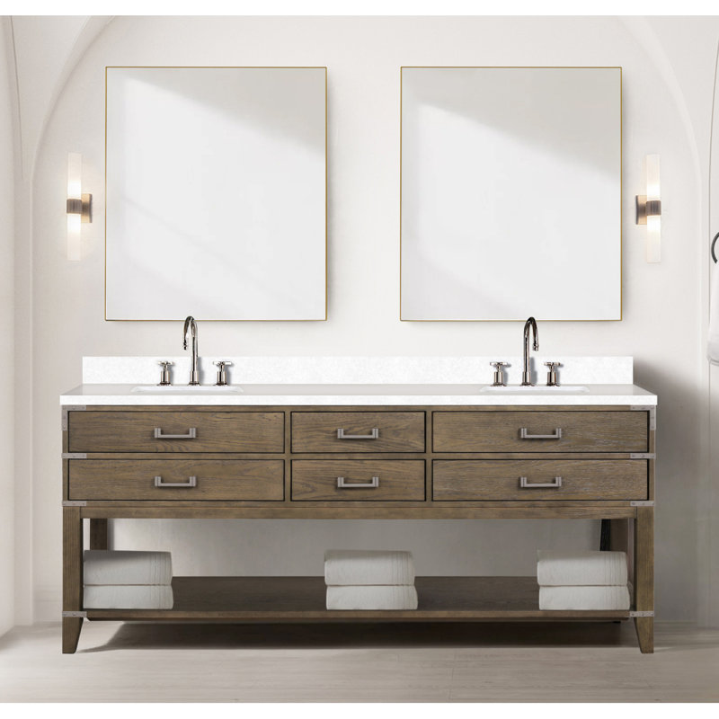 Meuble-lavabo double en chêne gris 80 po X P 22 po D, avec plateau en marbre de culture, Gris, 80"