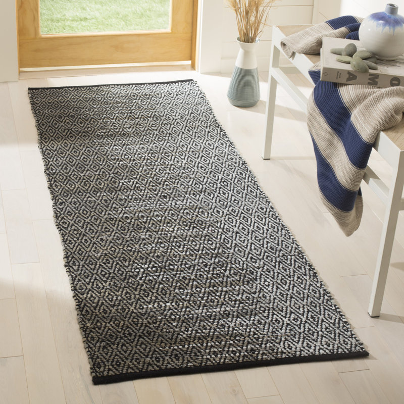 Exley Vintage Leather Hand Woven Leather/Cotton Geometric Rug in Grey, Runner 2'3" x 9'