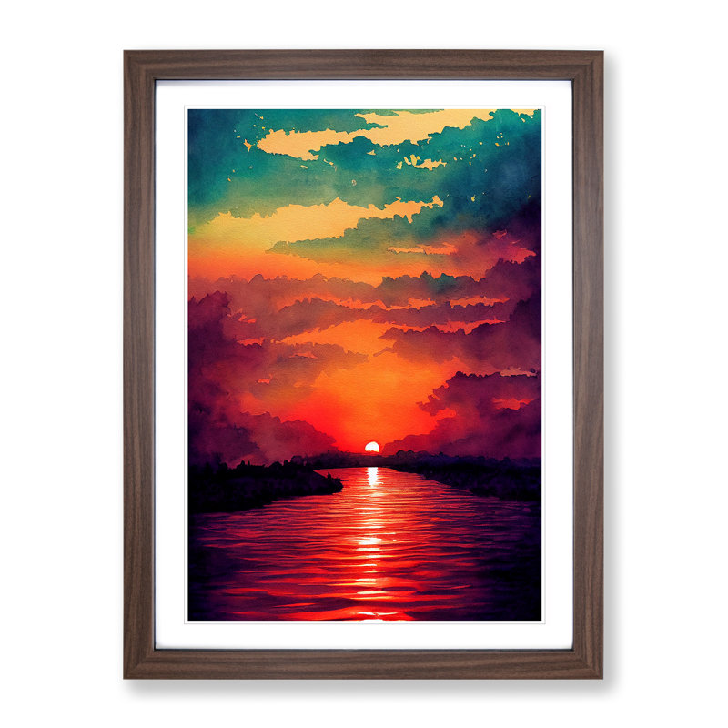 Sunset Lake No.6 - Single Picture Frame Painting, 64cm H x 46cm W x 2cm D, Walnut