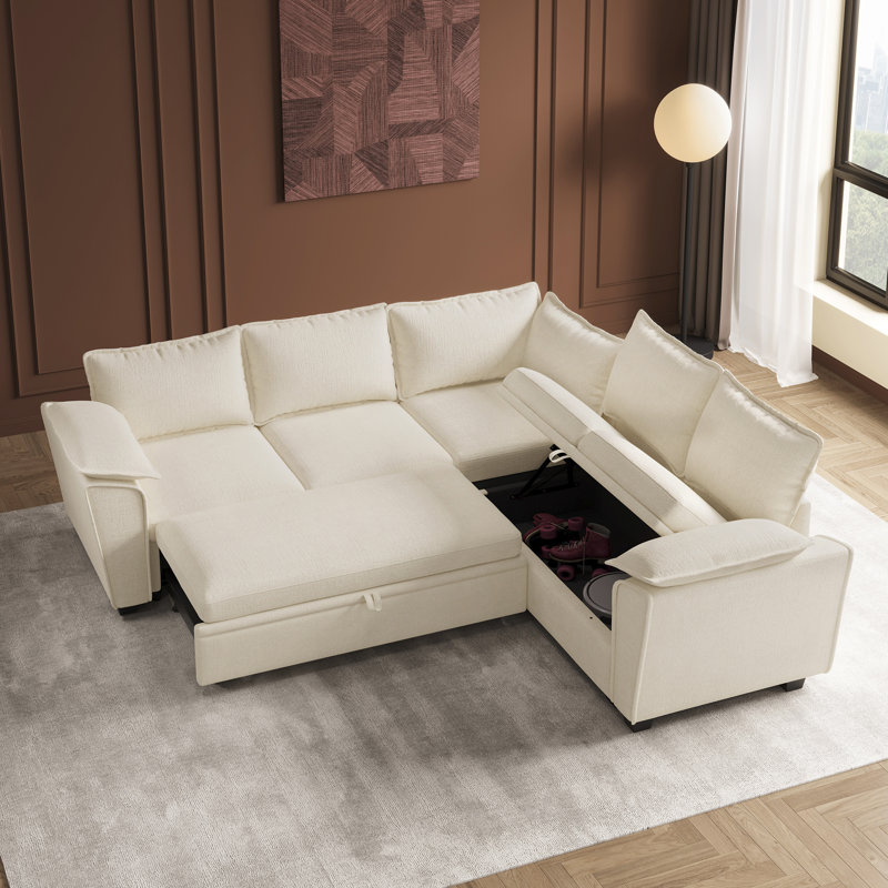 Petit canapé-lit en L en forme de chenille Luna, Chenille beige