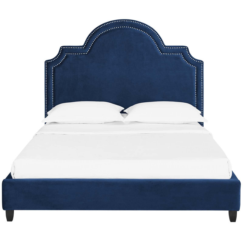 Lit plateforme en velours Primrose Queen Performance par Modway, Bleu marine