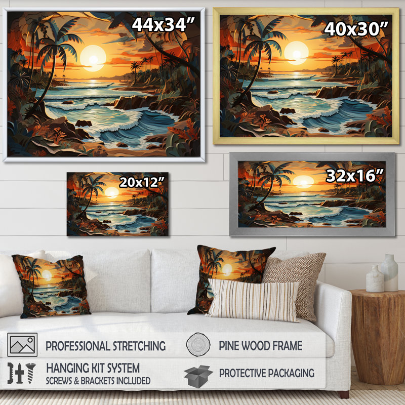 Coastal Collage At Sunset I - Décoration murale moderne, H 12 po x l 20 po x P 1 po, Cadre flottant brun