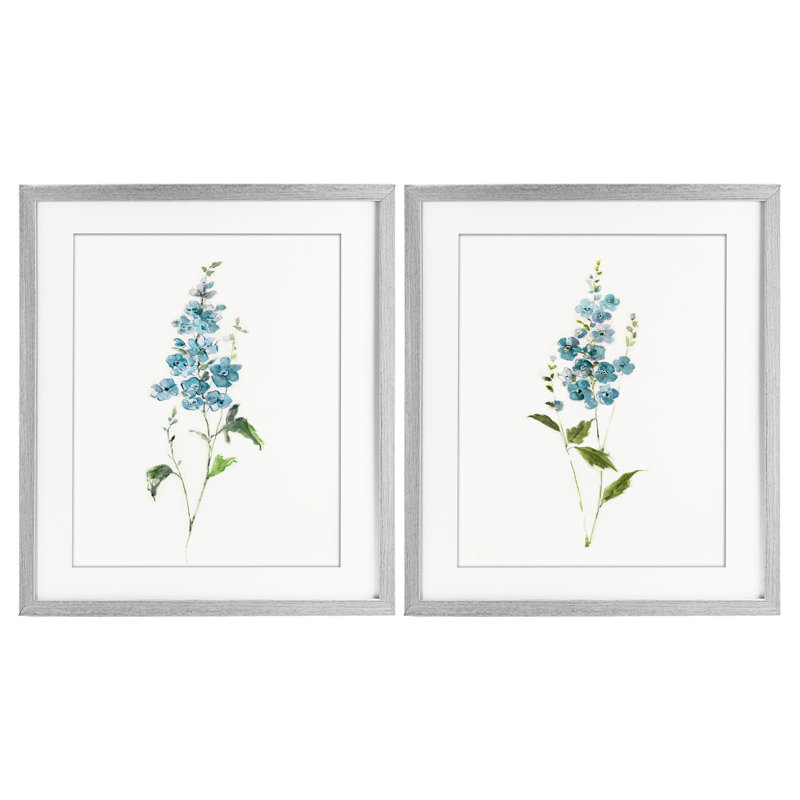 «Blue Watercolor Sprigs», ensemble de 2 reproductions encadrées sous verre, par Sally Swatland, 16 x 13