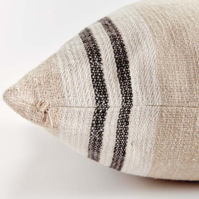 Finn Linen Throw Square Pillow Cover & Insert, Square 24" x 24", Flax/Charcoal Striped 1