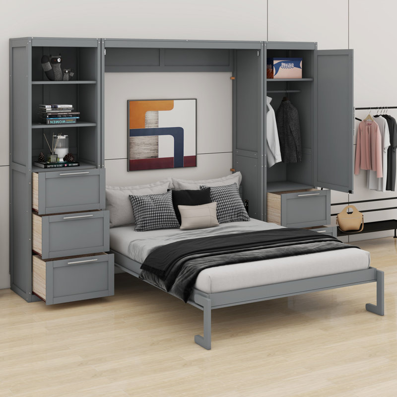 Lit escamotable mural avec placard, tiroirs et tablettes Murphy, Gris