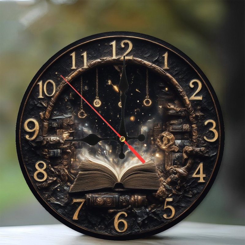 Horloge, chiffres, livre ouvert, étoiles