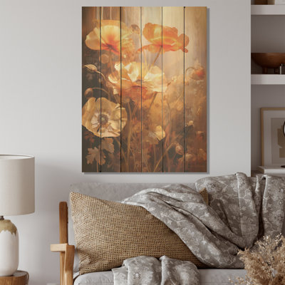 Coquelicots bronze brillant - coquelicots, art sur bois de pin naturel