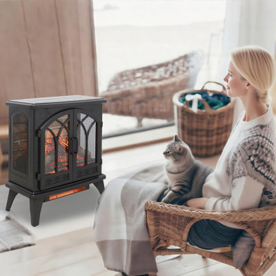 Poêle à projection électrique Winston Porter 24 po, chauffage à quartz infrarouge avec flamme 3D, télécommande, minuterie, température / luminosité réglable, 1500 W, noir