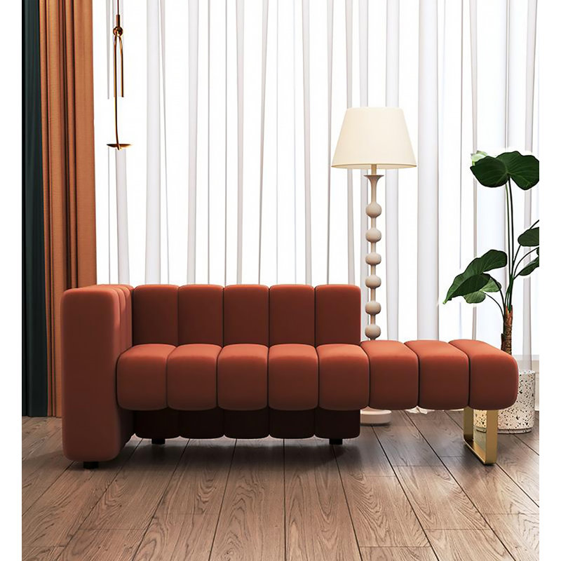Chaise longue de style européen en bois massif et métal, revêtement en molleton orange givré, pour chambre et salon