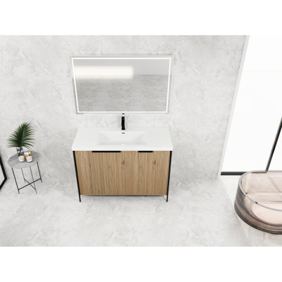 Meuble-lavabo de salle de bain avec lavabo en résine et portes à fermeture en douceur. Style contemporain. Vaste espace de rangement. Fabrication en contreplaqué. Café et design moderne. Fabrication généreuse. Couleur. Entretien facile