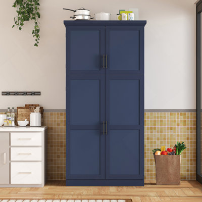 35.5X17.6X70.9Inch Freestanding Kitchen Pantry Cabinet, Tall Storage Cabinet With 4 Doors, 2 Door Shelves, 8 Pull-Out Trays And Adjustable Shelf For Dining Room, Blue