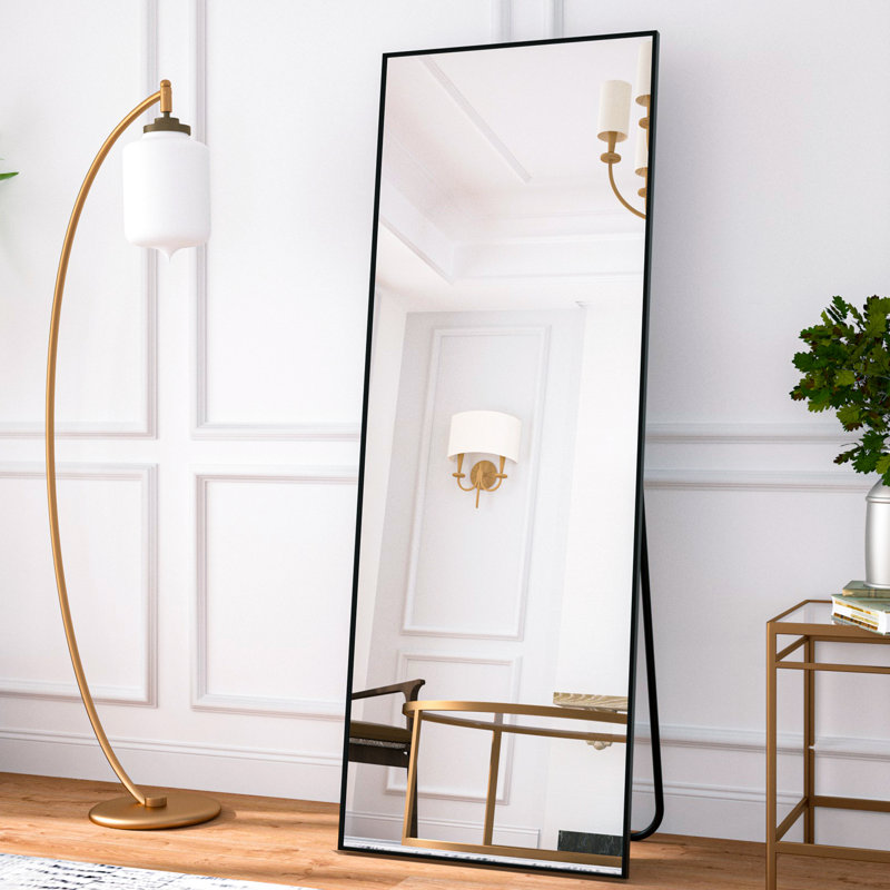Shatterproof Aluminum Rectangle Full Length Mirror with Stand , 64" H x 21" W, Black