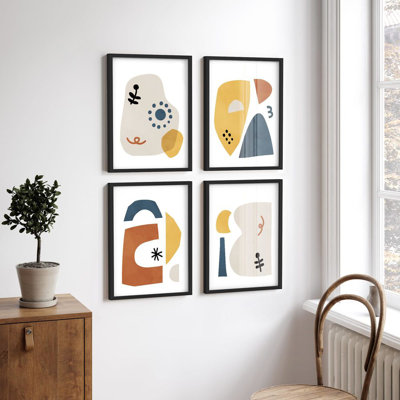 Multicolore encadré, ensemble de galerie d'art encadré, collage, Mid-Century des années 1960, symbole, formes abstraites, formes décoratives, multicolore pour le salon, le bureau et la chambre à coucher