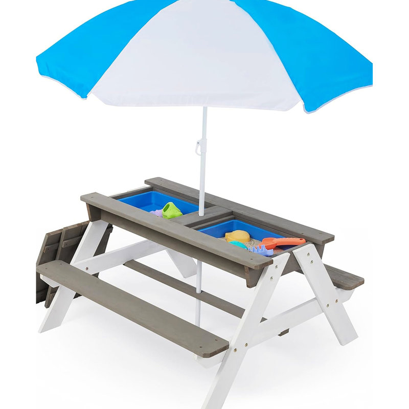 Table de pique-nique en bois pour enfants, table de sable et d'eau avec parasol, table d'activités pour jouer sur le patio extérieur