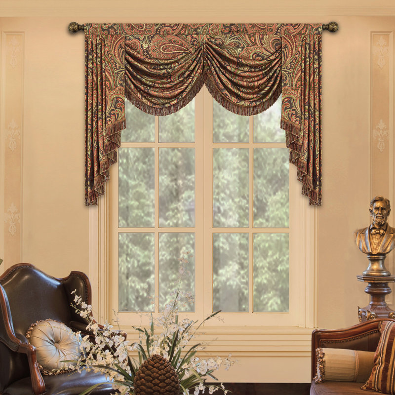 Cantonnière à motif cachemire avec pompons, cantonnière en jacquard cascade classique, habillage de fenêtre 1 panneau