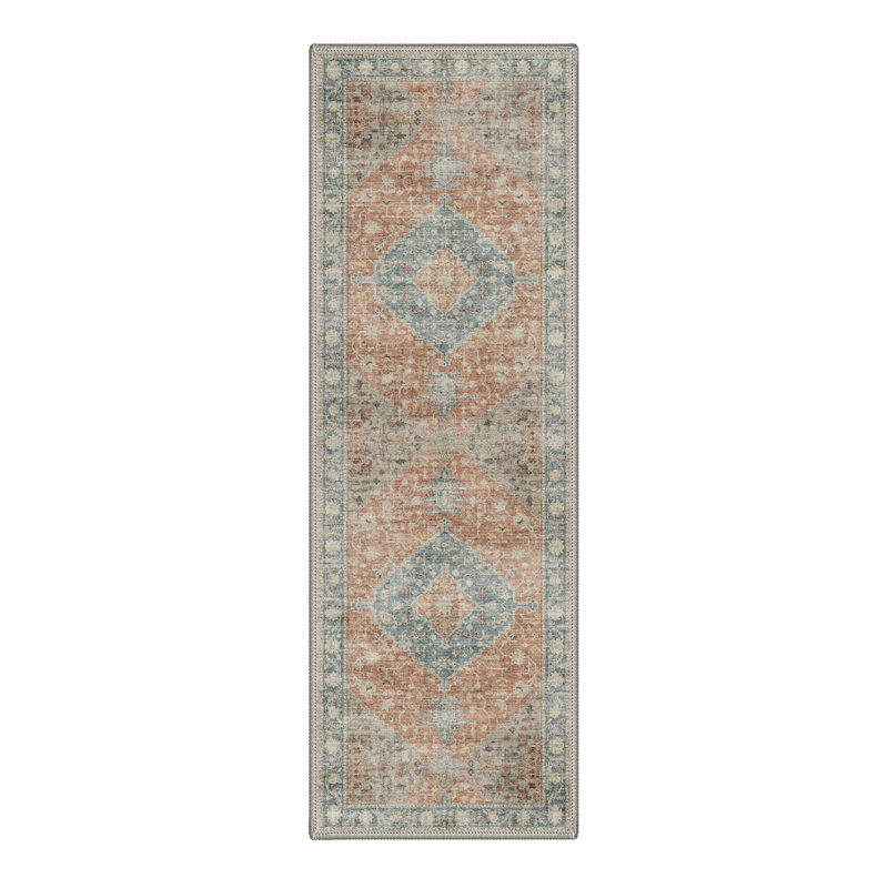 Tapis d'intérieur lavable à la machine à motif médaillon / terre cuite rétro Vesper, Tapis de couloir de 2 pi x 7 pi