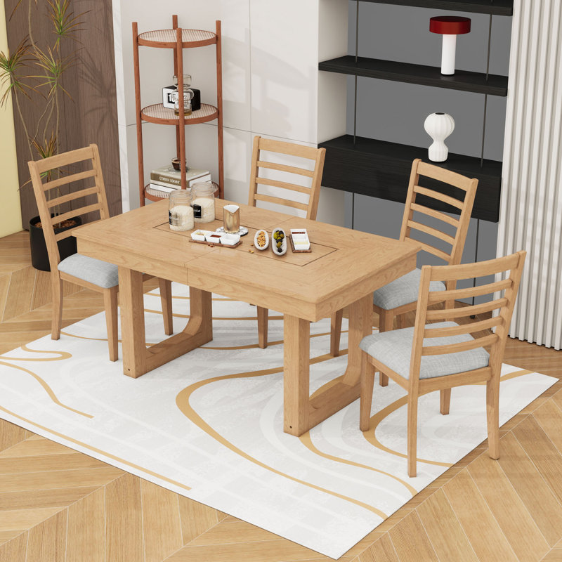 Ensemble de table de salle à manger 5 pièces en bois avec rallonge et 4 chaises, Naturel