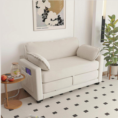 2-in-1 Convertible Corduroy Sofa Bed, 2-Seater Two-Form Switch Loveseat Sleeper Sofa with Side Storage, High-Rebound Sponge & Solid Wood Composite Frame, Easy Assembly for Home Living Room/Study.