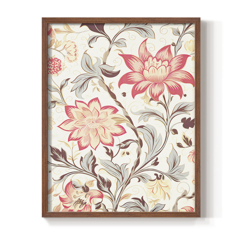 Impression florale rétro I, reproduction encadrée - bois massif, H 21 po x l 17 po, Noyer