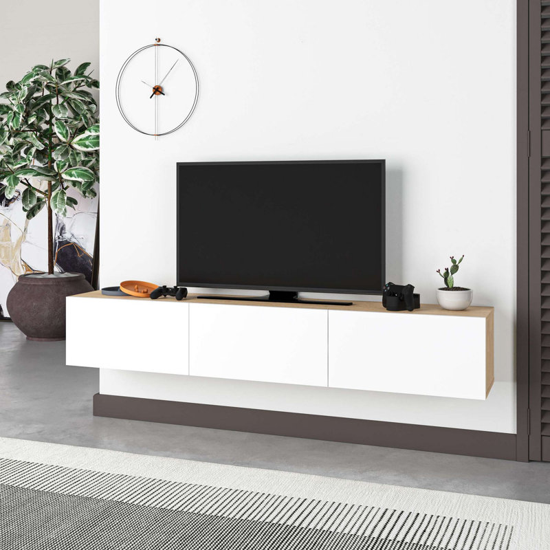 Meuble télé moderne en chêne saphir et blanc de 70,9 po x 11,8 po x 11,8 po | 100% panneau de particules enduit de mélamine, épaisseur: 0,7 pouce | Capacité de charge de 44 lb | Design élégant et fonctionnel pour le salon et les espaces de divertissement