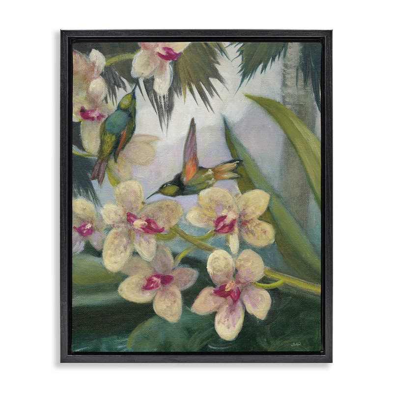 "Hummingbirds parmi les fleurs", art mural encadré par Julia Purinton, Cadre flottant noir de jais, H 31 po x l 25 po