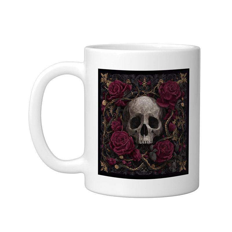 Gothic Skull Red Roses Floral Dark Art Ceramic Mug, 11oz