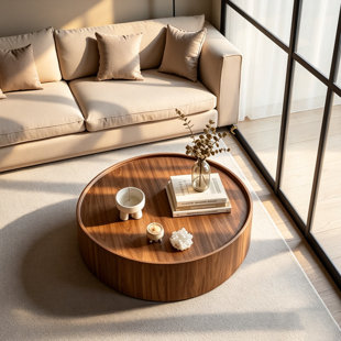 TOPMAX 39.4 Inch Modern Round Coffee Table, Walnut Wood Finish Drum Coffee Table with 2 Hidden Storage Drawers, No Assembly Required for Living Room Bedroom