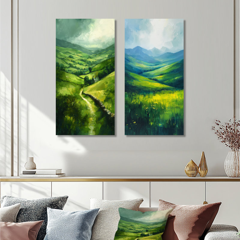 Green Emerald Hills In Ireland I - ensemble d'art mural irlandais 2 pièces, H 28 po x l 24 po, Toile tendue