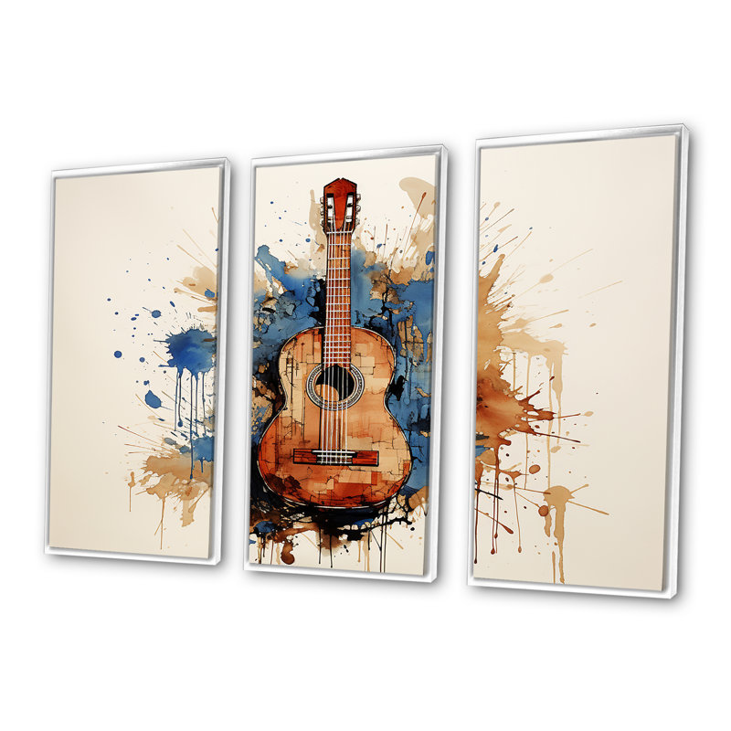 Earthy Brown Guitare, mélodie - musique, art mural, H 32 po x l 48 po x P 1 po, Cadre flottant blanc
