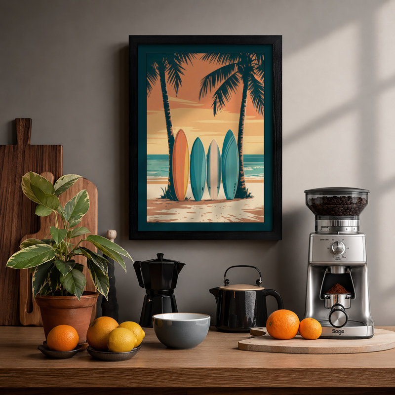 Surfboards at Sunrise Coastal - Framed Print, A3 - 42.0 x 29.7 cm, Walnut