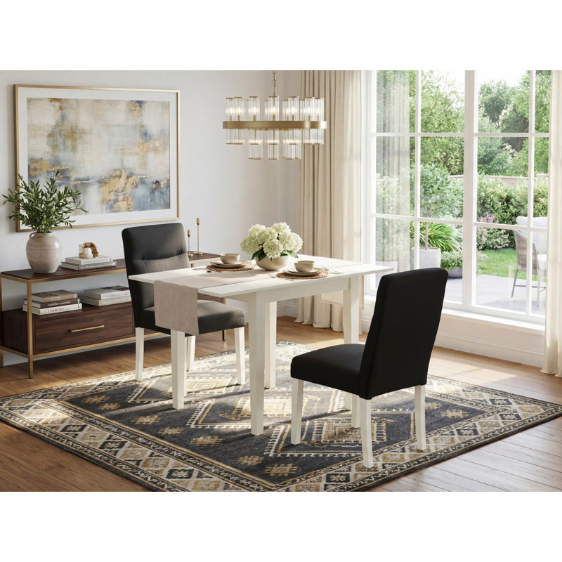Solid Wood Top Dining Table Set, Linen White, Black, 3 Pieces: 1 Table, 2 Chairs