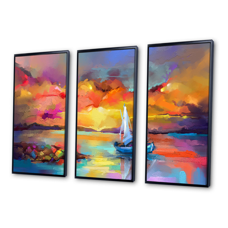 Peinture au coucher du soleil avec des reflets colorés II - ensemble de 3 reproductions sur toile, Noir, H 28 po x l 36 po