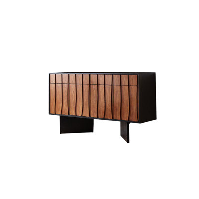Mid Century Two-Tone 59.06"W Wave Wood Sideboard Buffet, Apartment Size No Handle Storage Credenza for Entryway Living Room