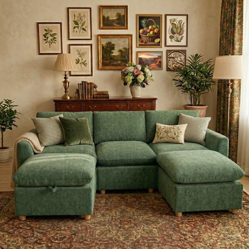 Canapé modulaire en chenille de 100 po avec deux repose-pieds, Chenille verte
