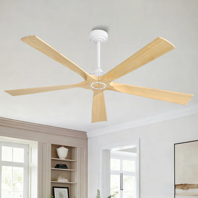  60inch 5 Solid Wood Blades Ceiling Fan Noiseless DC Motor 6 Speed Timer With Remote, White and Wood Grain