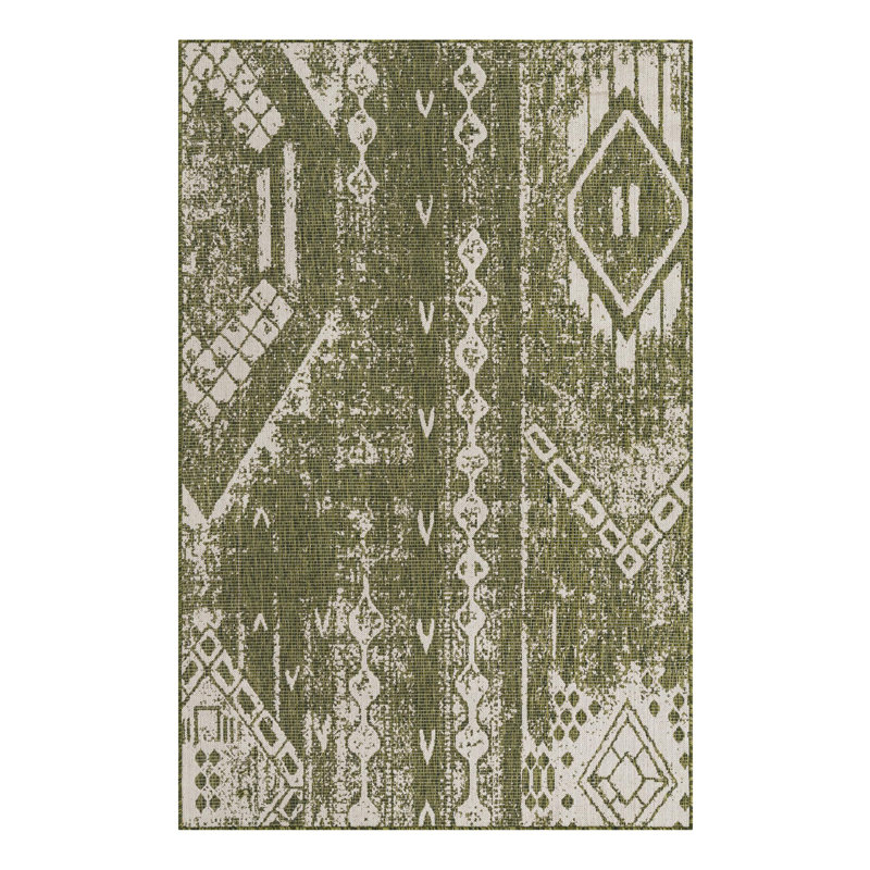 Braeleigh Geometric Machine Woven Polypropylene Indoor / Outdoor Area Rug in Green/Ivory, Rectangle 5'3" x 8'