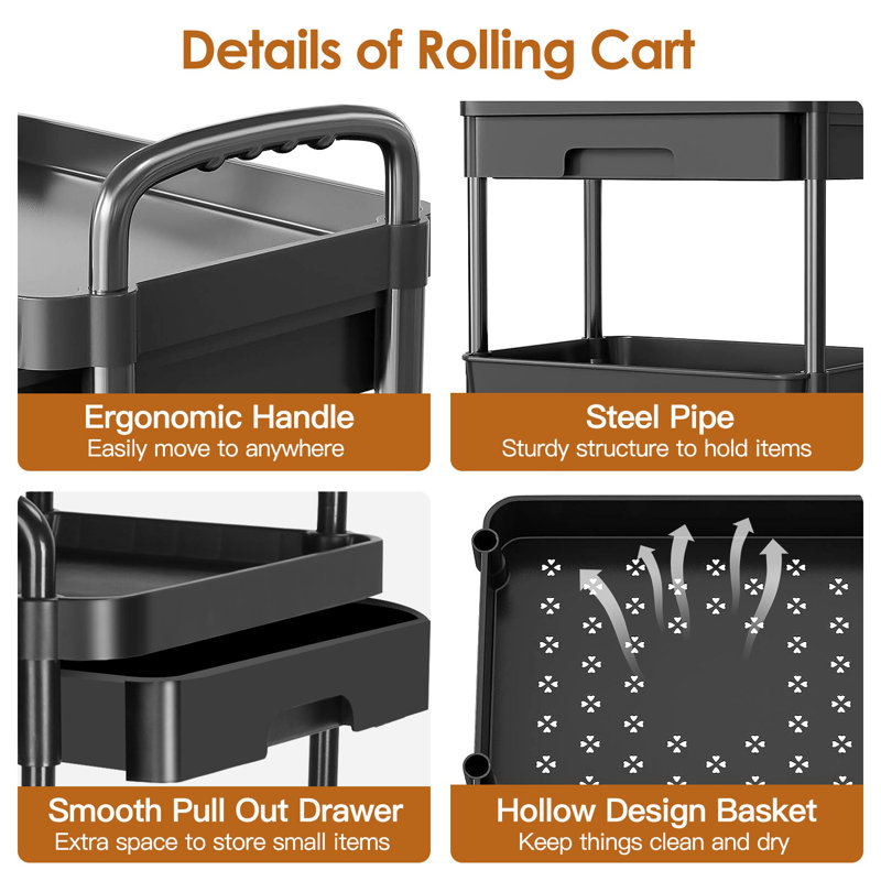 3 Tier Rolling Utility Cart with Drawer, Black
