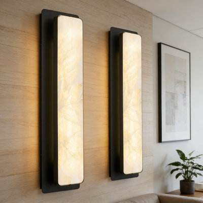 Modern Alabaster Wall Sconce Set Of 2, Large Rectangular Natural Stone LED Wall Light With Warm Glow For Living Room, Bedroom, Hallway And Staircase