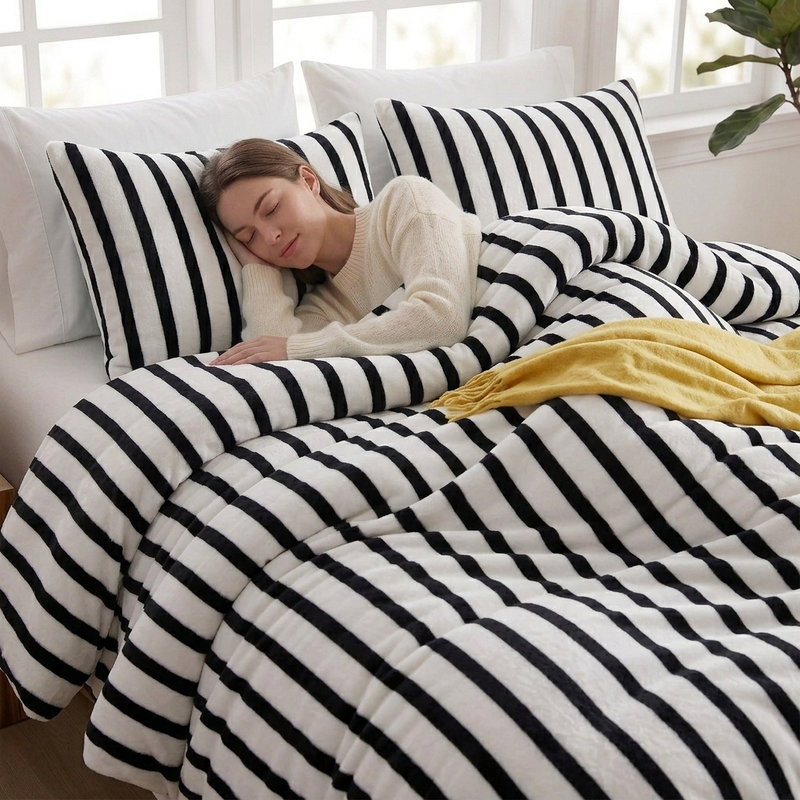 Ensemble de housse de couette rayé noir et blanc pour très grand lit, ensemble de literie moelleuse ultra douce, motif à rayures classique sur mesure, ensemble de 3 pièces Cozy Minimal Farmhouse pour toutes les saisons