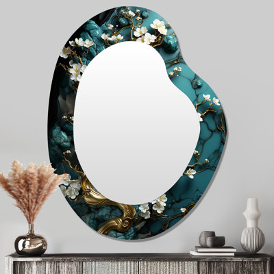 Dayai doré et émeraude antique bonsaï IV - décor unique de miroir mural de forme unique en or, grand miroir traditionnel asymétrique, impression d'art en métal