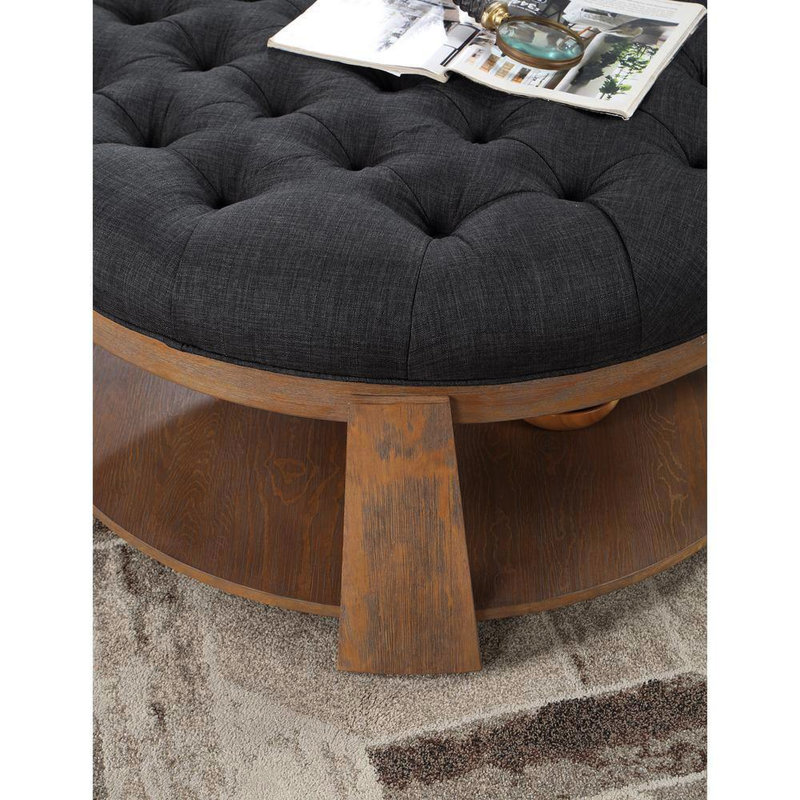 Repose-pieds capitonné de style transitionnel à assise profonde en lin avec tablette ouverte ton naturel / gris foncé | Structure en bois | Noyer brun