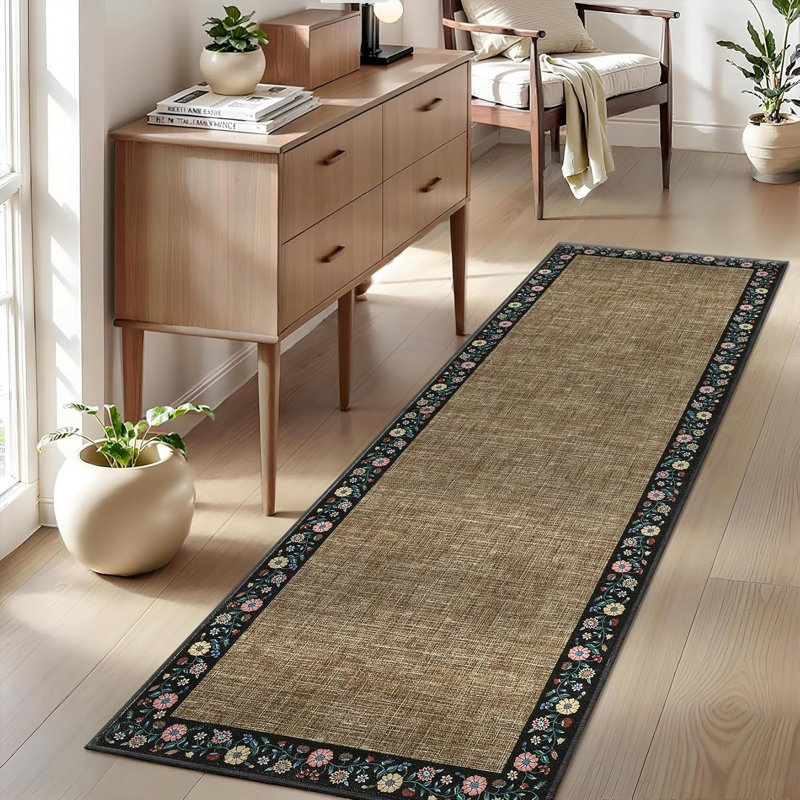Modern Bordered Runner Rug 2x6 – Washable Non-Slip Low-Pile Carpet for Hallway, Kitchen, Bedroom, Bathroom, or Laundry Room, Soft Floral Print, Beige